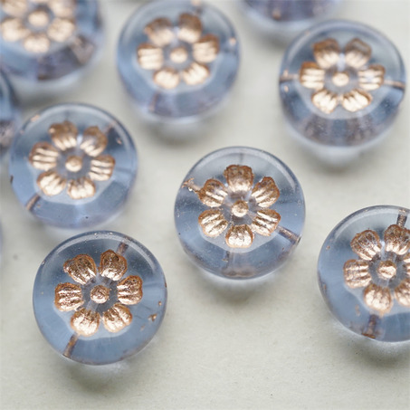 透雾霾蓝描玫瑰金色~刻印花朵少女复古扁圆捷克珠玻璃琉璃珠 16MM-2