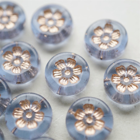 透雾霾蓝描玫瑰金色~刻印花朵少女复古扁圆捷克珠玻璃琉璃珠 16MM-5