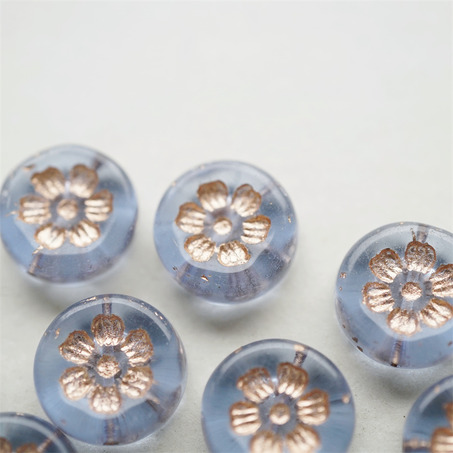 透雾霾蓝描玫瑰金色~刻印花朵少女复古扁圆捷克珠玻璃琉璃珠 16MM-4