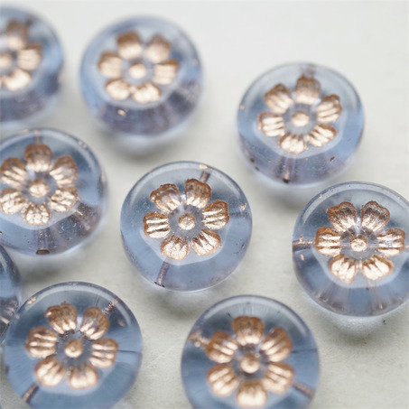 透雾霾蓝描玫瑰金色~刻印花朵少女复古扁圆捷克珠玻璃琉璃珠 16MM-6