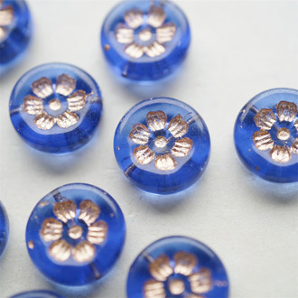 透深海蓝描玫瑰金色~刻印花朵少女复古扁圆捷克珠玻璃琉璃珠 16MM