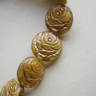 蜂蜜琥珀夹心mix配色描玫瑰金色~浮雕玫瑰扁圆捷克珠玻璃琉璃 17MM