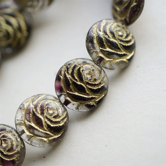 深葡萄紫透明夹心mix描金~浮雕玫瑰扁圆捷克珠玻璃琉璃 17MM