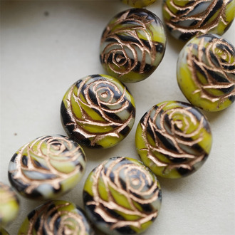 黄黑条纹mix描玫瑰金色~浮雕玫瑰扁圆捷克珠玻璃琉璃 17MM