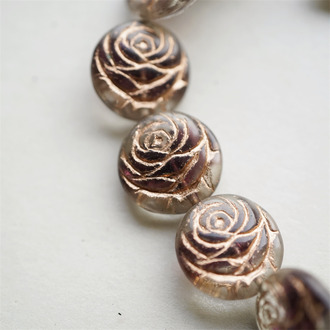 深葡萄紫透明夹心mix描玫瑰金~浮雕玫瑰扁圆捷克珠玻璃琉璃 17MM