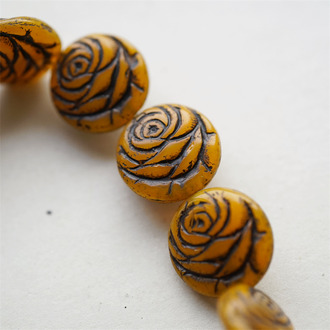 橙色描黑色~浮雕玫瑰扁圆捷克珠玻璃琉璃 17MM