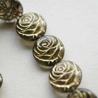 透灰色质感描金色~浮雕玫瑰扁圆捷克珠玻璃琉璃 17MM