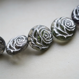 透感银灰色~浮雕玫瑰扁圆捷克珠玻璃琉璃 17MM