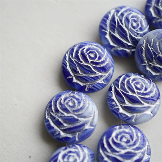 深牛仔蓝条纹mix描银色~可爱浮雕玫瑰扁圆捷克珠玻璃琉璃 17MM