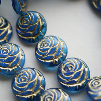 高级感钴蓝夹心mix描金色~可爱浮雕玫瑰扁圆捷克珠玻璃琉璃 17MM