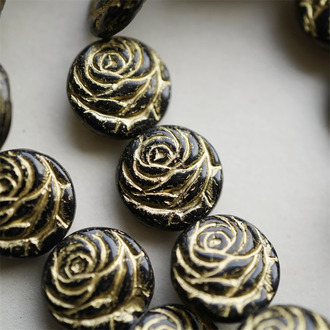 经典黑金配色~可爱浮雕玫瑰扁圆捷克珠玻璃琉璃 17MM