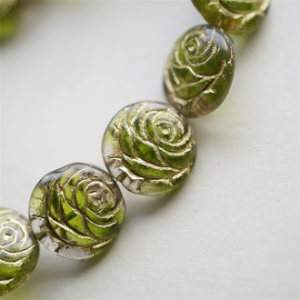 透明果酱绿夹心描金色~可爱浮雕玫瑰扁圆捷克珠玻璃琉璃 17MM
