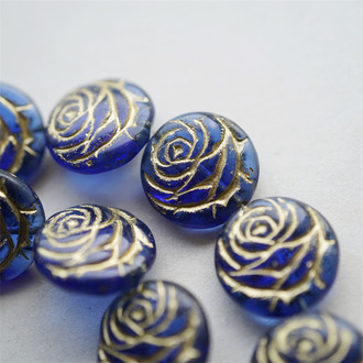 星夜透蓝色描金~可爱浮雕玫瑰扁圆捷克珠玻璃琉璃 17MM