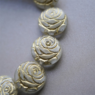 夹心奶油白描金色~浮雕玫瑰扁圆捷克珠玻璃琉璃 17MM