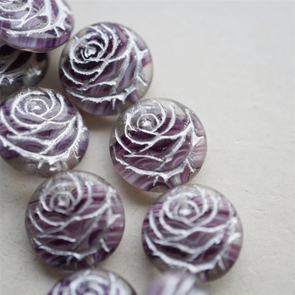透明条纹夹心紫描银色~浮雕玫瑰扁圆捷克珠玻璃琉璃 17MM