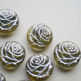 茶感琥珀夹心灰蓝mix色描银~浮雕玫瑰扁圆捷克珠玻璃琉璃 17MM