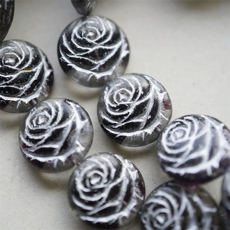 深黑紫透明夹心mix描银色~浮雕玫瑰扁圆捷克珠玻璃琉璃 17MM