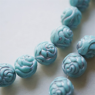雾面松石绿描银色~浮雕玫瑰圆珠vintage风捷克珠玻璃琉璃串珠 13MM