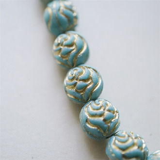 雾面松石绿描金色~浮雕玫瑰圆珠vintage风捷克珠玻璃琉璃串珠 13MM