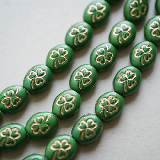 丝绸绿描金色~迷你椭圆幸运草花纹捷克珠玻璃琉璃 10X9MM