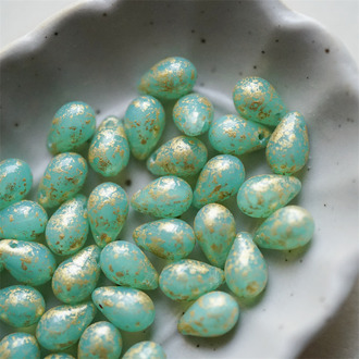 绝美蛋白绿烫金色~常规水滴珠捷克珠玻璃琉璃珠 6X9MM