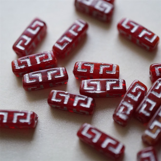 宝石红渐变描银色~长方形古风纹样柱形珠捷克珠玻璃琉璃 15X5MM