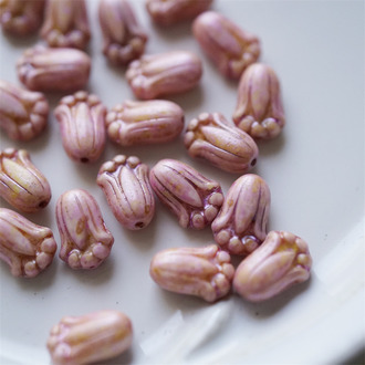 复古做旧斑驳粉色~可爱郁金香捷克珠玻璃琉璃 12X8MM