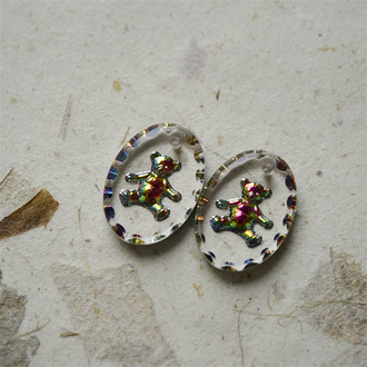 泰迪小熊可爱椭圆花边绿紫幻彩中号~西德进口凹雕古董玻璃吊坠串珠材料 18X13MM