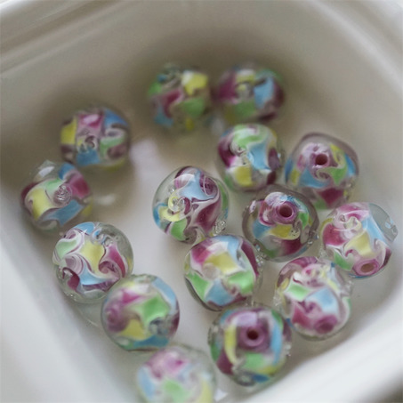 彩色糖果感透明外层扭扭花朵圆珠~日本进口中古古董库存灯工玻璃琉璃珠 尺寸约11MM-2