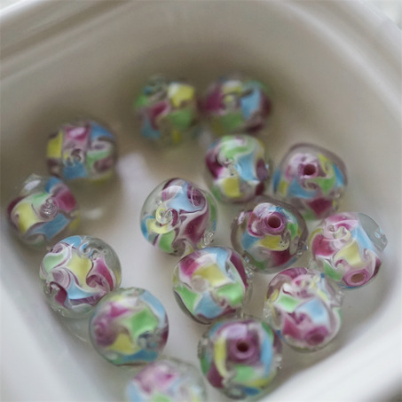 彩色糖果感透明外层扭扭花朵圆珠~日本进口中古古董库存灯工玻璃琉璃珠 尺寸约11MM-5