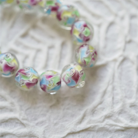 彩色糖果感透明外层扭扭花朵圆珠~日本进口中古古董库存灯工玻璃琉璃珠 尺寸约11MM-7