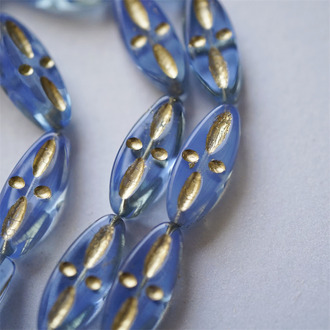 温柔果冻蓝色mix半透蛋白感绝美描金~十字纹椭圆梭形扁珠捷克珠玻璃珠琉璃珠 20X9MM