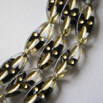 透明黑色条纹夹心mix绝美描金~十字纹椭圆梭形扁珠捷克珠玻璃珠琉璃珠 20X9MM