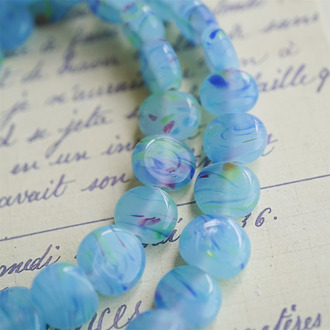 春天蓝绿水彩画点彩mix超可爱扁圆直孔珠~日本进口中古古董灯工玻璃琉璃珠 12X13MM