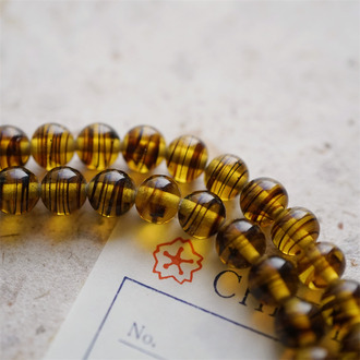 十枚入！经典深琥珀条纹透感mix配色手造绝美圆珠~日本进口中古古董灯工玻璃琉璃珠