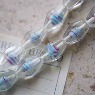 透明蓝莓波子汽水配色~mix感稀有立体梭形直孔珠日本进口中古古董灯工玻璃琉璃珠 约18X11MM