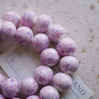 奶油粉芋花色mix点彩流纹手造稀有分量感圆珠~日本进口中古古董灯工玻璃琉璃珠 约16MM
