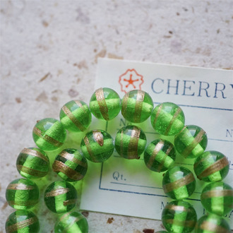 透翠金绿~金沙条纹手造mix圆珠日本进口中古古董灯工玻璃琉璃珠 约10MM