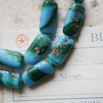 青黛繁星配色~金沙多色晕染mix手造稀有渐变长方扁珠直孔珠进口中古古董灯工玻璃琉璃珠 约18X9.5MM