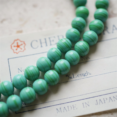 十枚入！青松石色条纹mix手造绝美圆珠~日本进口中古古董灯工玻璃琉璃珠-3