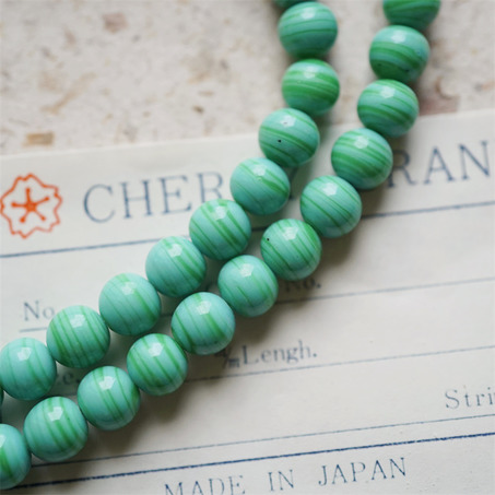 十枚入！青松石色条纹mix手造绝美圆珠~日本进口中古古董灯工玻璃琉璃珠