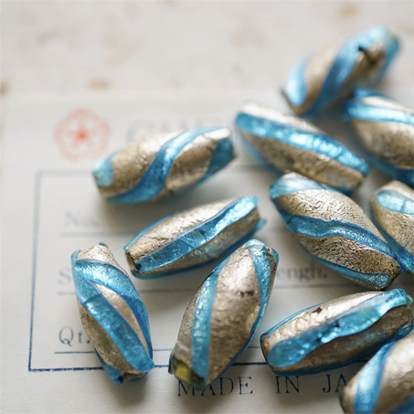 水蓝色熔岩琉璃银箔~手造稀有梭形直孔珠日本进口中古古董灯工玻璃琉璃珠 约18X9MM-4
