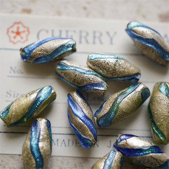 星河蓝绿渐变熔岩琉璃银箔~手造稀有梭形直孔珠日本进口中古古董灯工玻璃琉璃珠 约18X9MM