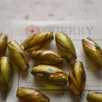 透棕色鎏金熔岩琉璃金箔~手造稀有梭形直孔珠日本进口中古古董灯工玻璃琉璃珠 约18X9MM