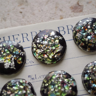 黑底银色流光彩箔~稀有手造古董中古玻璃琉璃贴片半丸 约17.5MM