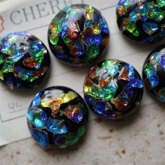 绝美萤火虫彩箔高级工艺黑底圆形点彩~超稀有手造古董中古玻璃琉璃贴片半丸