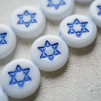 白底描深蓝~扁圆浮雕六芒星捷克珠琉璃珠玻璃珠 20MM