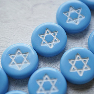 天蓝色描白色~扁圆浮雕六芒星捷克珠琉璃珠玻璃珠 20MM