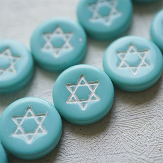 松石绿描白色~扁圆浮雕六芒星捷克珠琉璃珠玻璃珠 20MM