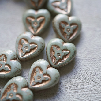 复古青色斑驳描玫瑰金色~少女系别致桃心爱心花朵捷克珠玻璃琉璃珠 16MM